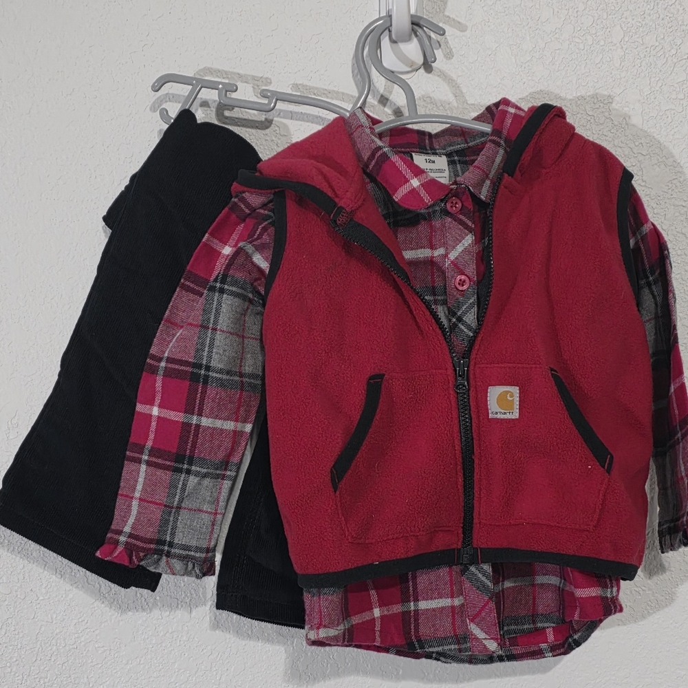 Carhartt Set: Vest, Plaid Shirt, Black Corduroy Pants 12m NWOT